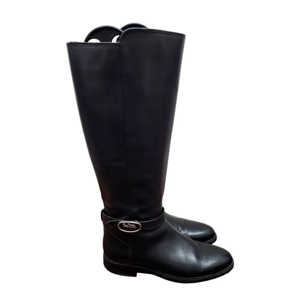 Women's COACH Black Walnut LEATHER Horse Carriage Equestrian Riding Knee Boots - Picture 2 of 15